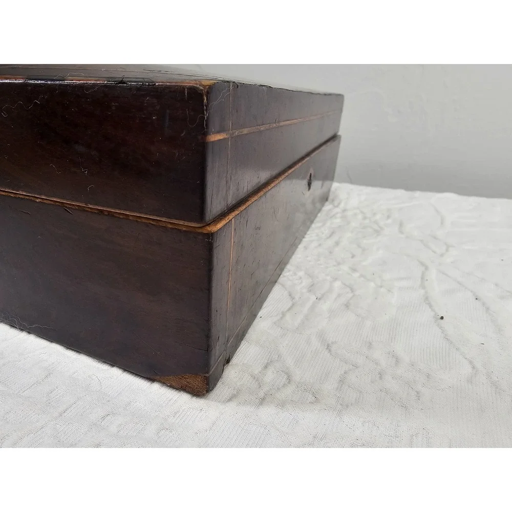 Antique Wooden Keepsake Box‎ Star Inlay Jewelry Trinket Storage Chest 1900s